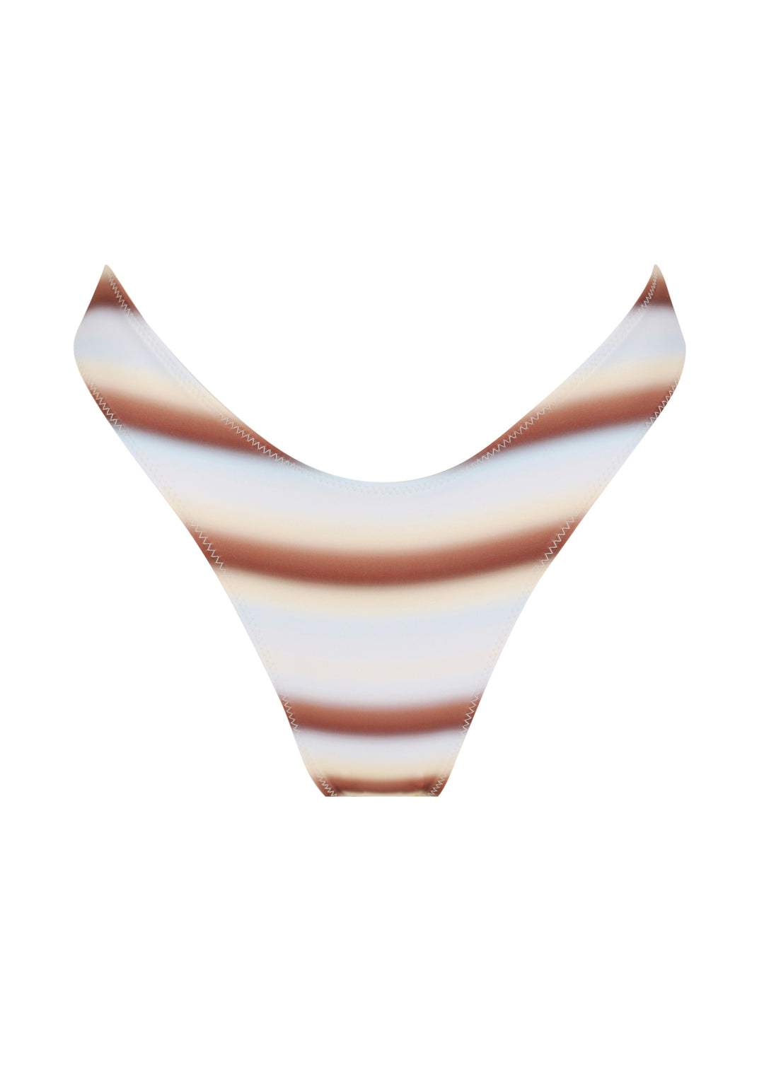 Front view of Calypso Midi Bottoms V-shaped  bikini with horizontal blue, brown and white stripes on a white background.