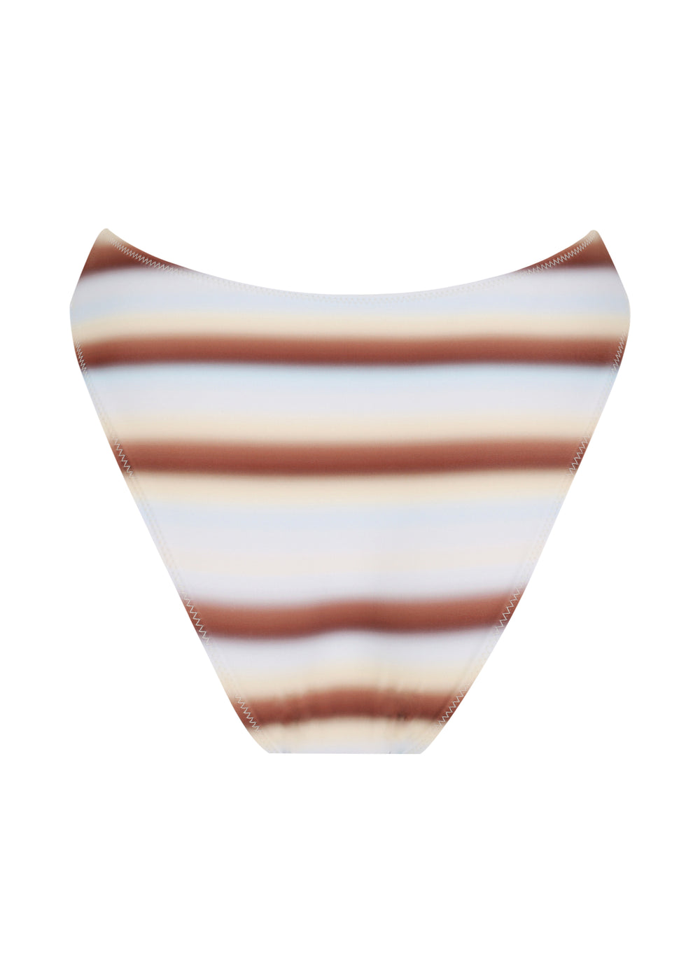 Back view of Calypso Midi bikini Bottoms with horizontal blue, brown and white stripes on a white background.