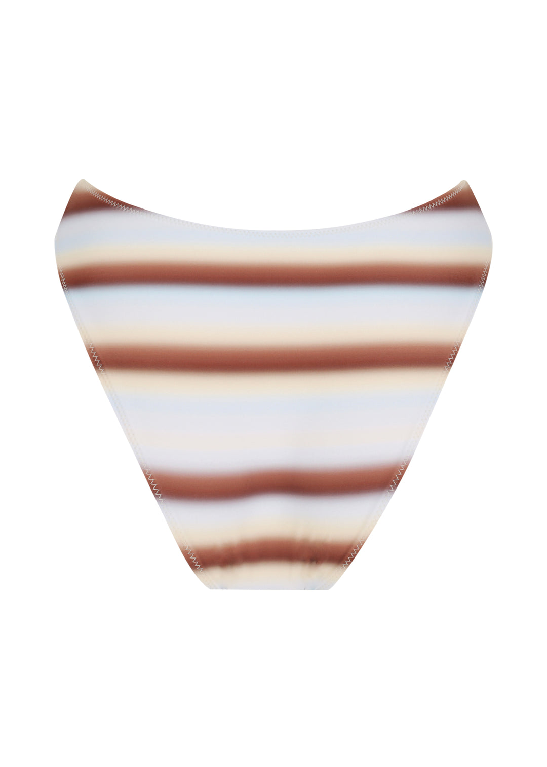 Back view of Calypso Midi bikini Bottoms with horizontal blue, brown and white stripes on a white background.