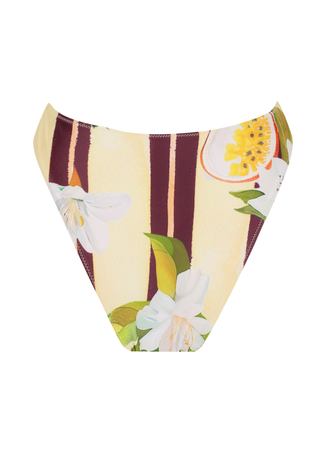 Back view of Passiontini Midi Bottoms in tropical passionfruit and floral print with yellow passionfruit halves, green leaves, and cream background, featuring mid‑coverage midi cut.
